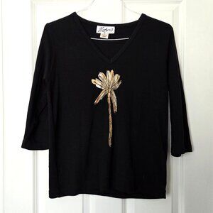 Victoria Black 3/4-Sleeve V-Neck Tee w Gold Floral Appliqué Front & Back